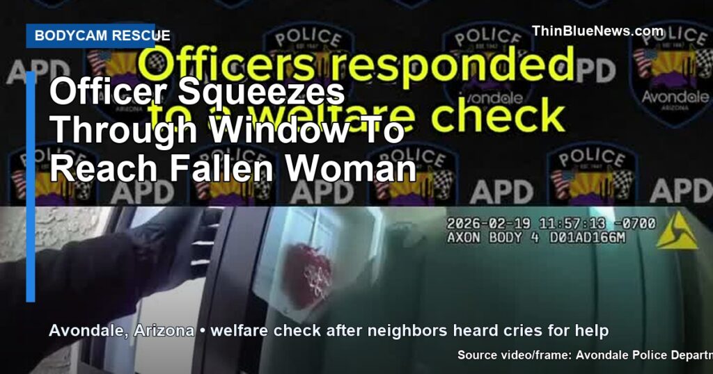 Avondale police bodycam frame with headline overlay about an officer squeezing through a window during a welfare-check rescue.