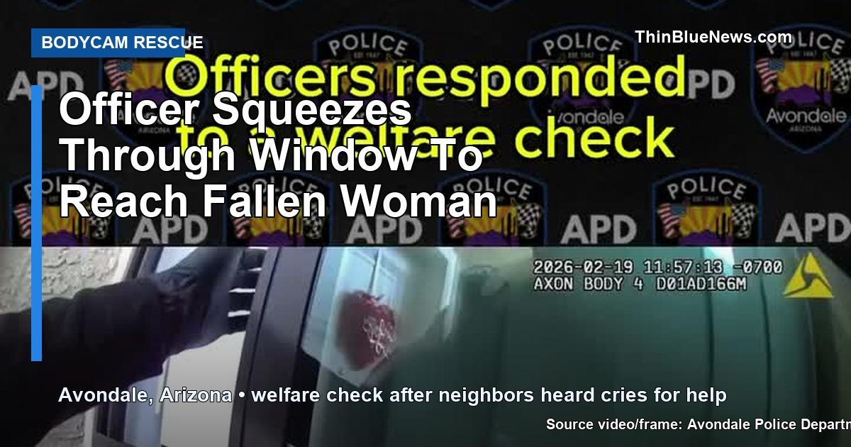 Avondale police bodycam frame with headline overlay about an officer squeezing through a window during a welfare-check rescue.