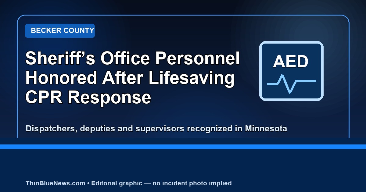 ThinBlueNews editorial graphic for a Becker County Sheriff’s Office lifesaving CPR award story. No incident photo implied.