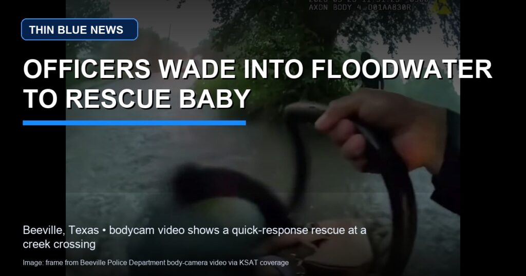 Frame from body-camera video released by the Beeville Police Department and shown in KSAT coverage, with ThinBlueNews headline overlay. Responders are seen at a flooded creek crossing during the baby rescue.