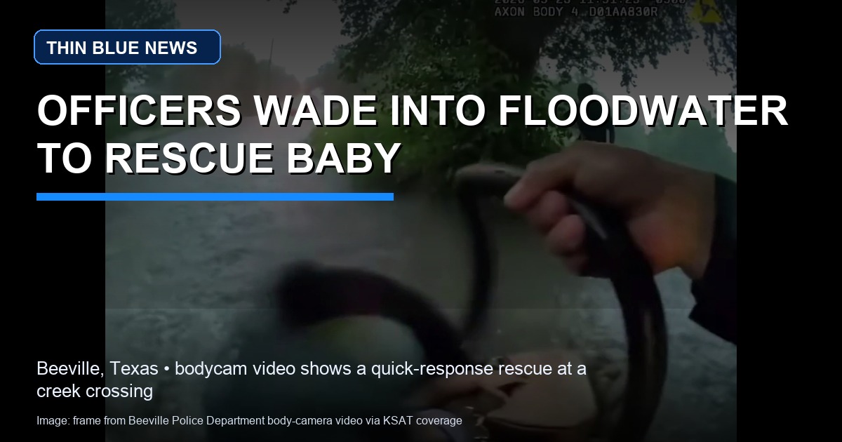 Frame from body-camera video released by the Beeville Police Department and shown in KSAT coverage, with ThinBlueNews headline overlay. Responders are seen at a flooded creek crossing during the baby rescue.