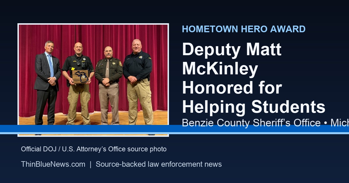 Deputy Matt McKinley receives the Hometown Hero Award in a ThinBlueNews card using an official DOJ source photo