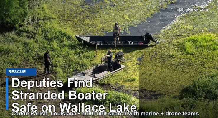 Caddo Parish Sheriff’s Office boats and deputies on Wallace Lake during a search for a stranded boater, with ThinBlueNews headline overlay.