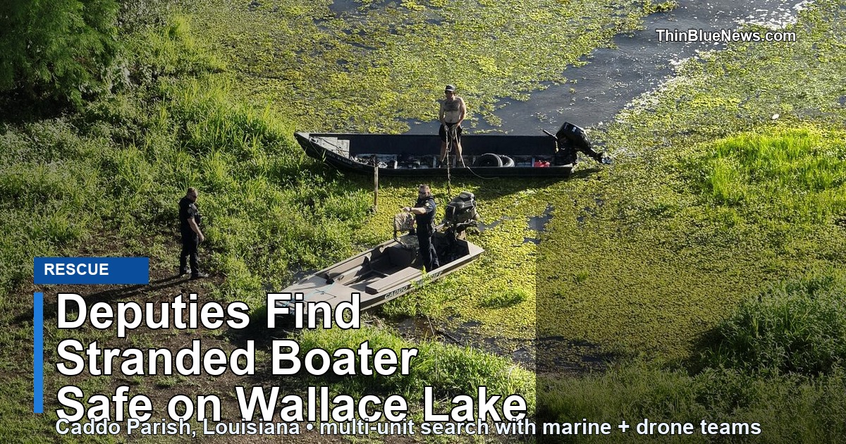 Caddo Parish Sheriff’s Office boats and deputies on Wallace Lake during a search for a stranded boater, with ThinBlueNews headline overlay.