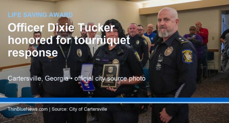 Cartersville Officer Dixie Tucker receives Life Saving Award, with ThinBlueNews headline overlay
