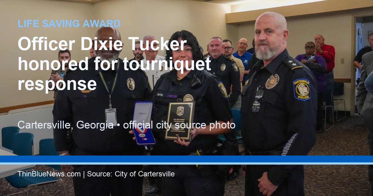 Cartersville Officer Dixie Tucker receives Life Saving Award, with ThinBlueNews headline overlay
