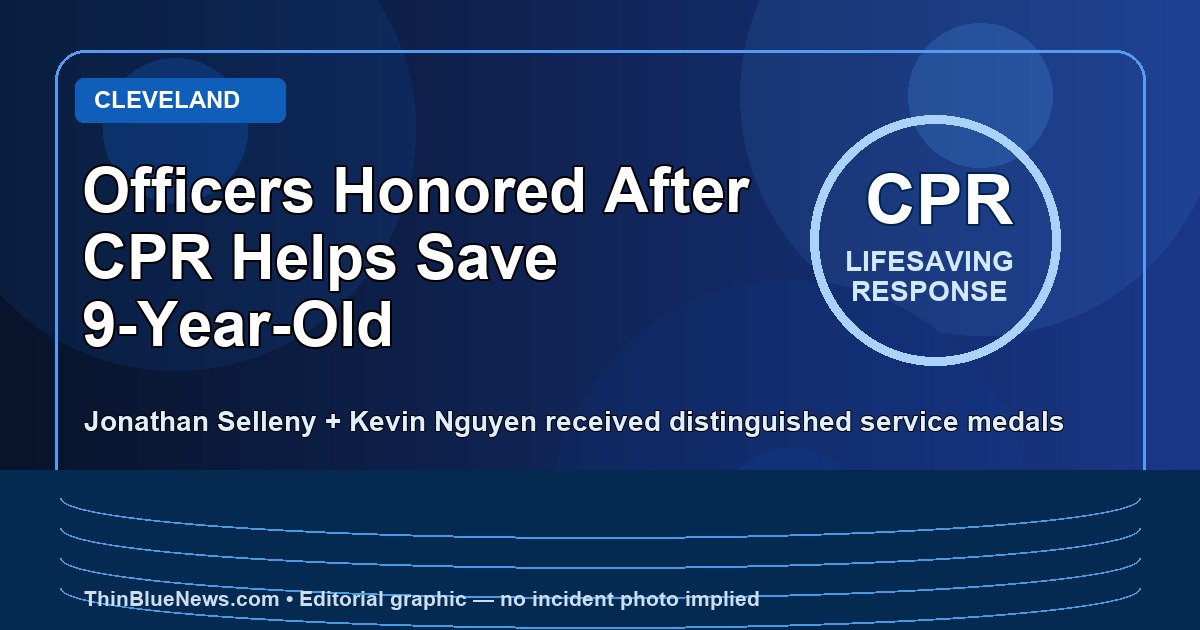 ThinBlueNews editorial graphic for a Cleveland story about Officers Jonathan Selleny and Kevin Nguyen being honored after CPR helped save a 9-year-old pulled from a pool. No incident photo implied.
