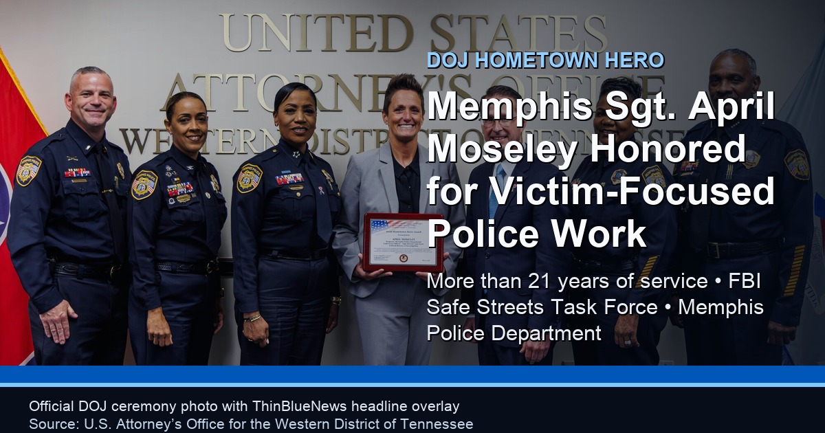 Memphis Police Sgt. April Moseley DOJ Hometown Hero official ceremony photo with ThinBlueNews headline overlay