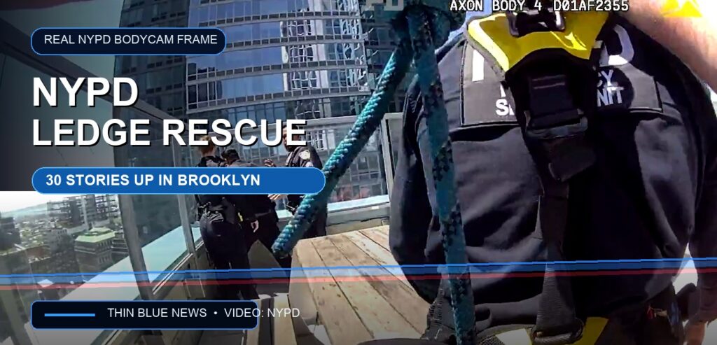NYPD bodycam frame with title overlay for ThinBlueNews article about officers rescuing a woman from a Brooklyn high-rise ledge.