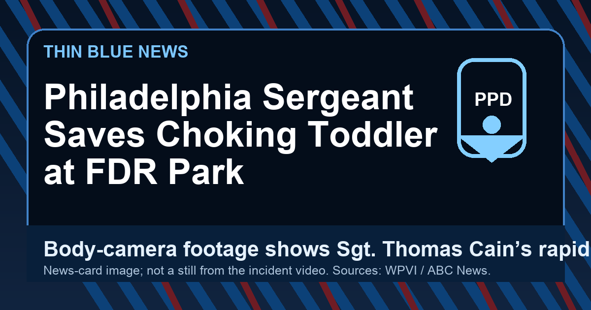 ThinBlueNews news-card graphic for a story about Philadelphia Police Sgt. Thomas Cain saving a choking toddler at FDR Park; not a still from the incident video.