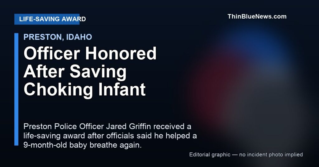 ThinBlueNews editorial graphic for a story about Preston Police Officer Jared Griffin receiving a life-saving award after helping a choking infant breathe again. No incident photo implied.