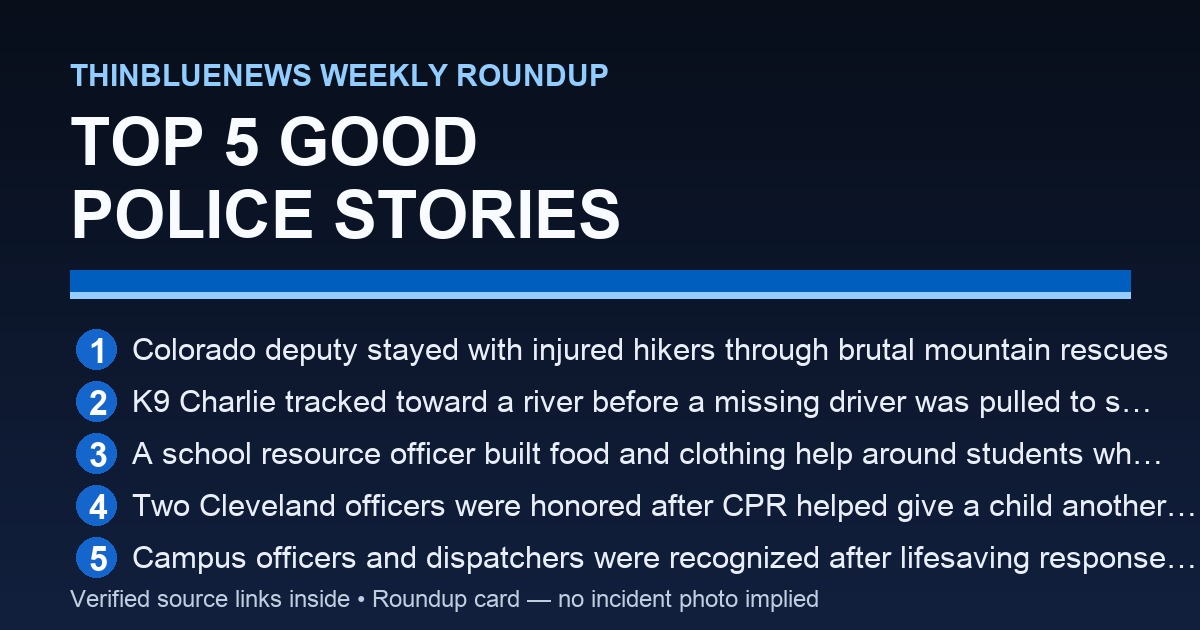 ThinBlueNews weekly roundup card listing five verified positive police and first-responder stories