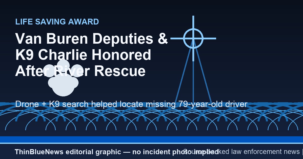 ThinBlueNews editorial card for Van Buren County K9 Charlie river rescue award story