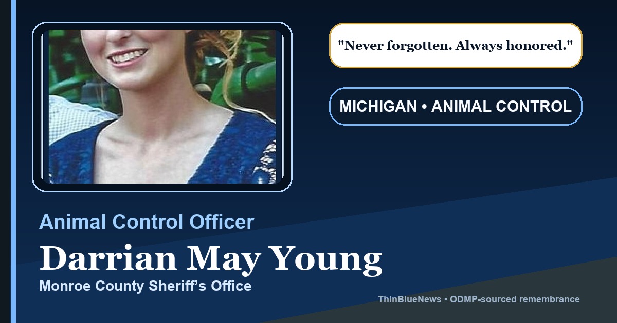 ThinBlueNews End of Watch memorial card for Animal Control Officer Darrian May Young, with personalized Michigan remembrance details and ODMP attribution
