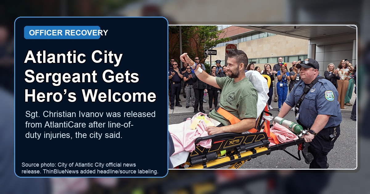 City of Atlantic City official photo showing Atlantic City Police Sgt. Christian Ivanov leaving AtlantiCare Regional Medical Center during a hero’s welcome, with ThinBlueNews headline labeling added.