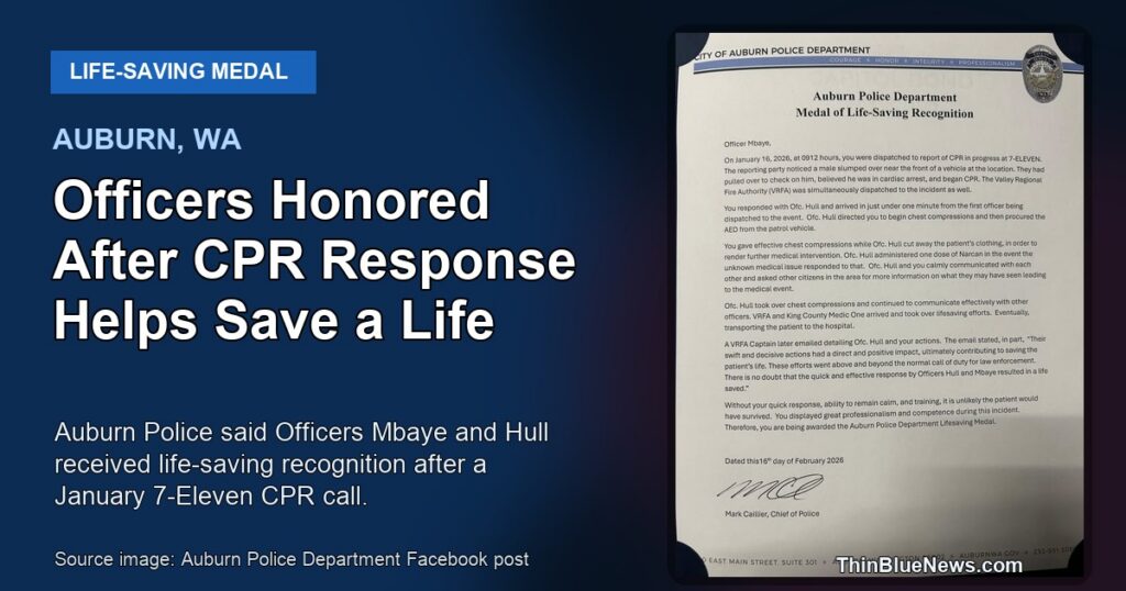 Auburn Police Department source image showing the Medal of Life-Saving Recognition letter for Officer Mbaye, used in a ThinBlueNews story about Officers Mbaye and Hull being honored after a CPR response.