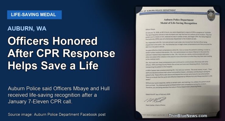 Auburn Police Department source image showing the Medal of Life-Saving Recognition letter for Officer Mbaye, used in a ThinBlueNews story about Officers Mbaye and Hull being honored after a CPR response.