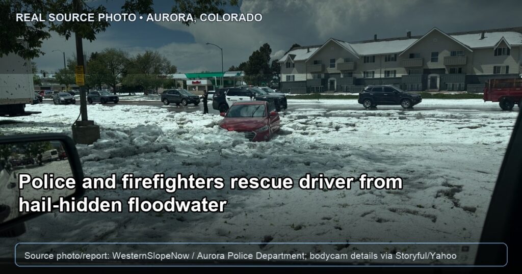 Aurora Police Department source photo shows a red sedan stuck in hail-hidden floodwater during a June 1 rescue near East Sixth Avenue and Sable Boulevard in Aurora, Colorado.