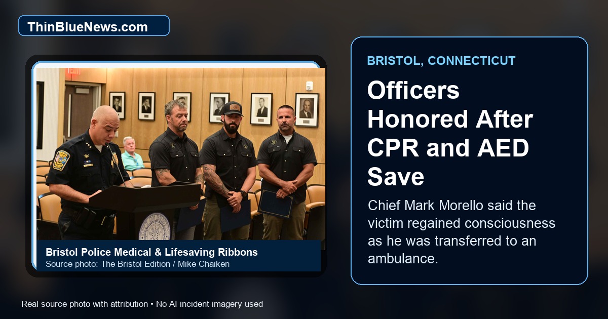 Bristol Edition source photo by Mike Chaiken showing Bristol Police Chief Mark Morello presenting Medical and Lifesaving ribbons to officers Jeffrey LaRoche, Jared Yager and Harrison Pollock; ThinBlueNews added headline and source labeling.