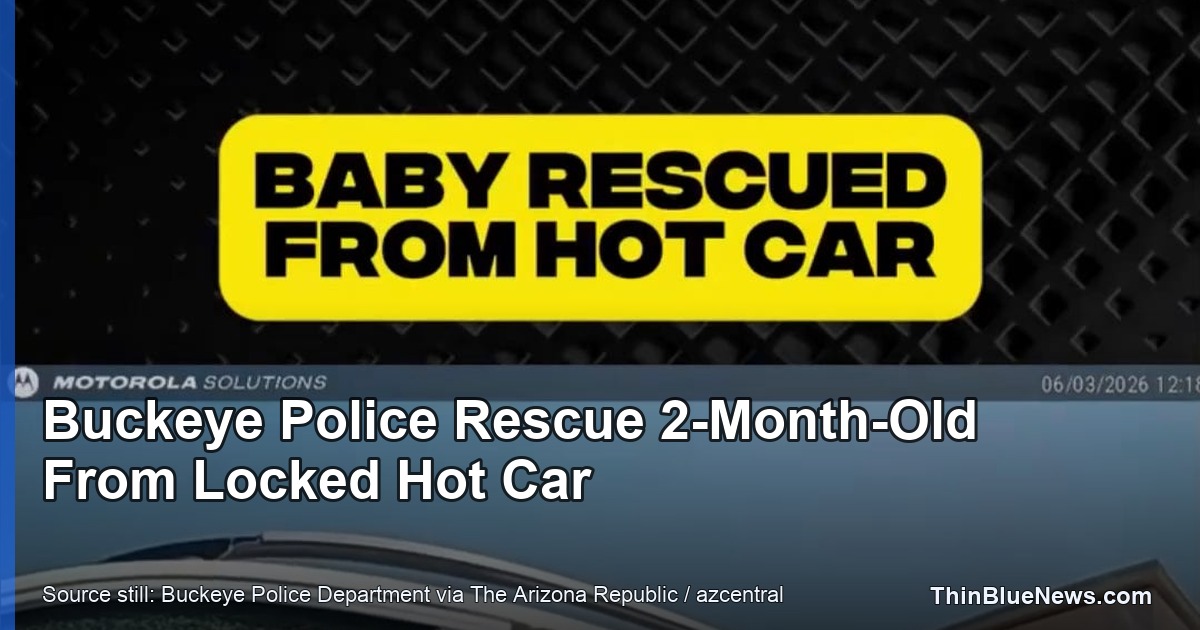 Source still from Buckeye Police Department video published by The Arizona Republic showing the hot-car rescue scene, with ThinBlueNews headline overlay.