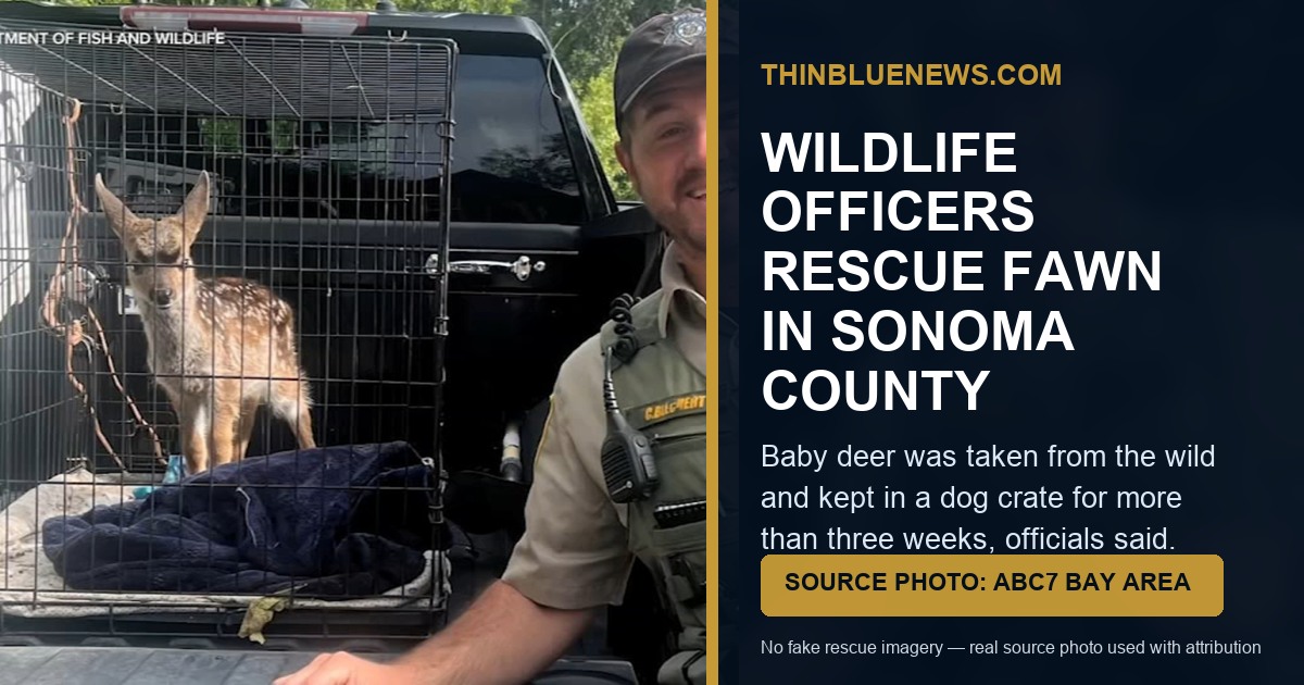 ABC7 Bay Area source photo from coverage of a Sonoma County fawn-napping case showing a rescued baby deer; ThinBlueNews added headline and source labeling.
