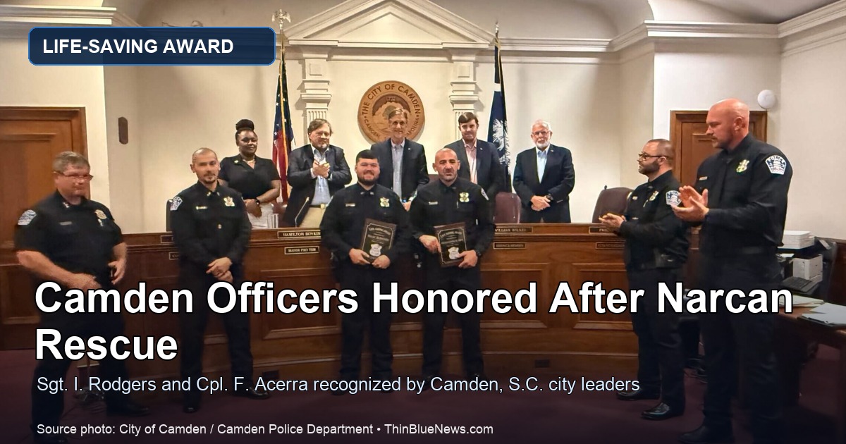 Camden Police Sgt. I. Rodgers and Cpl. F. Acerra recognized with Life-Saving Awards before Camden City Council, with ThinBlueNews headline overlay