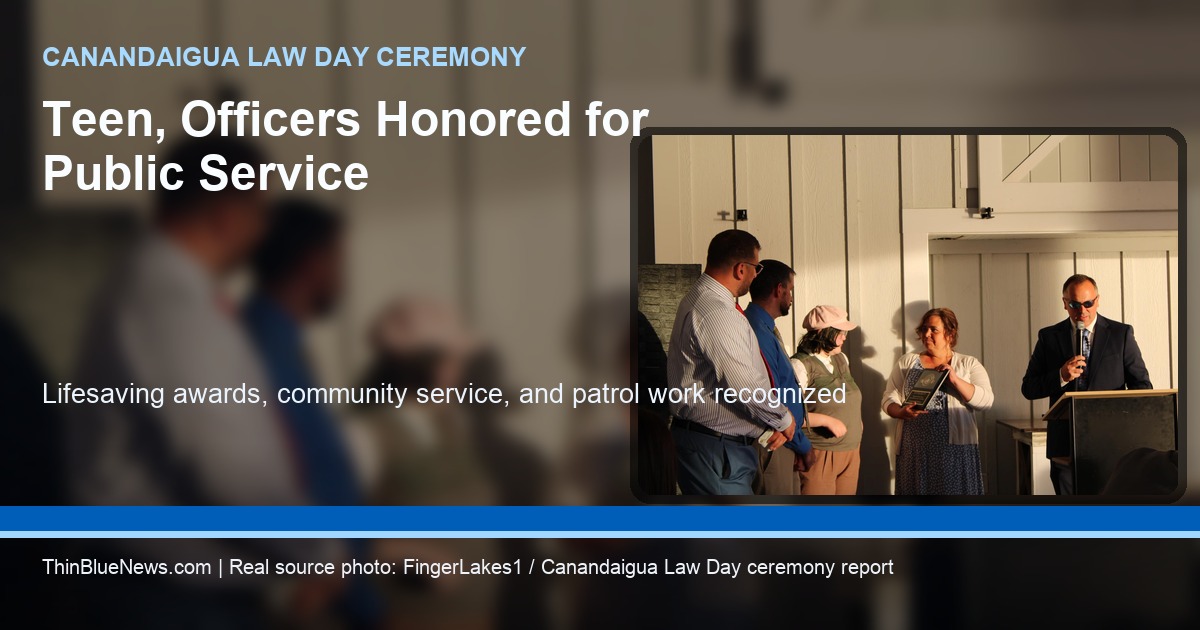 Real source photo from the Canandaigua Police Law Day Ceremony with ThinBlueNews headline overlay about a teen and officers honored for public service