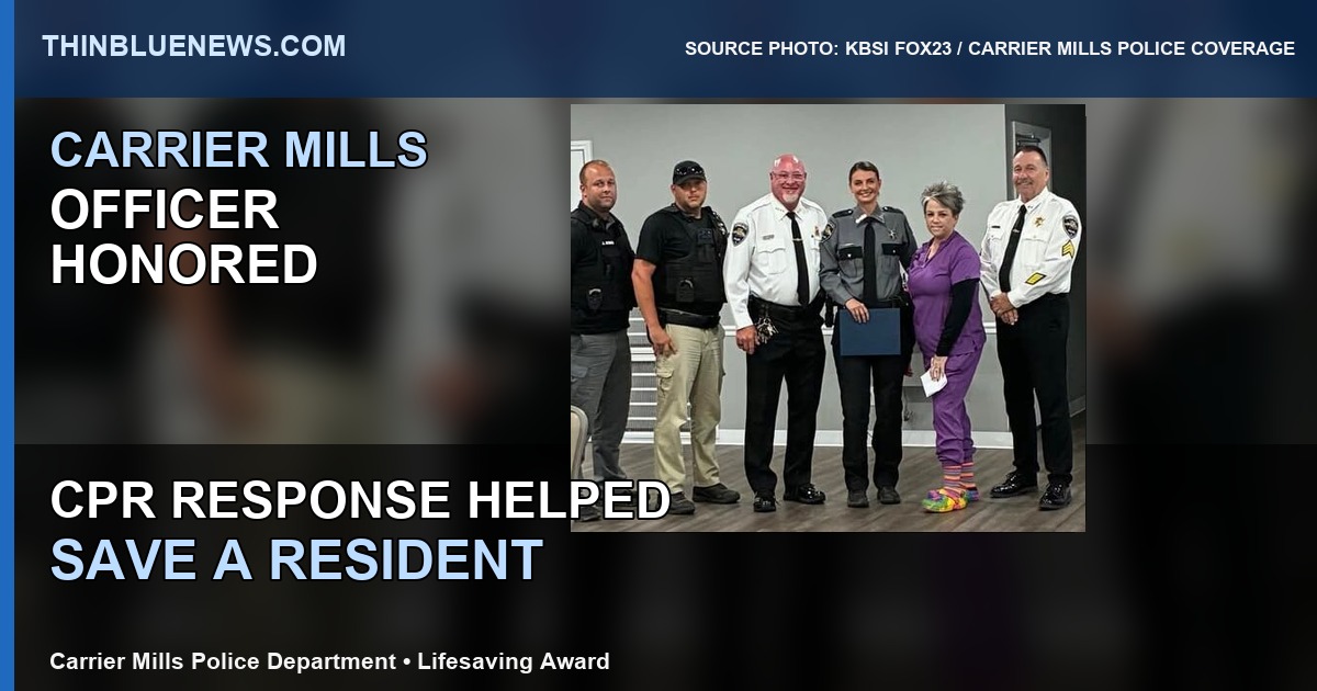KBSI FOX23 source photo showing Carrier Mills Officer Graves at a lifesaving award presentation, with ThinBlueNews headline and source labeling added.