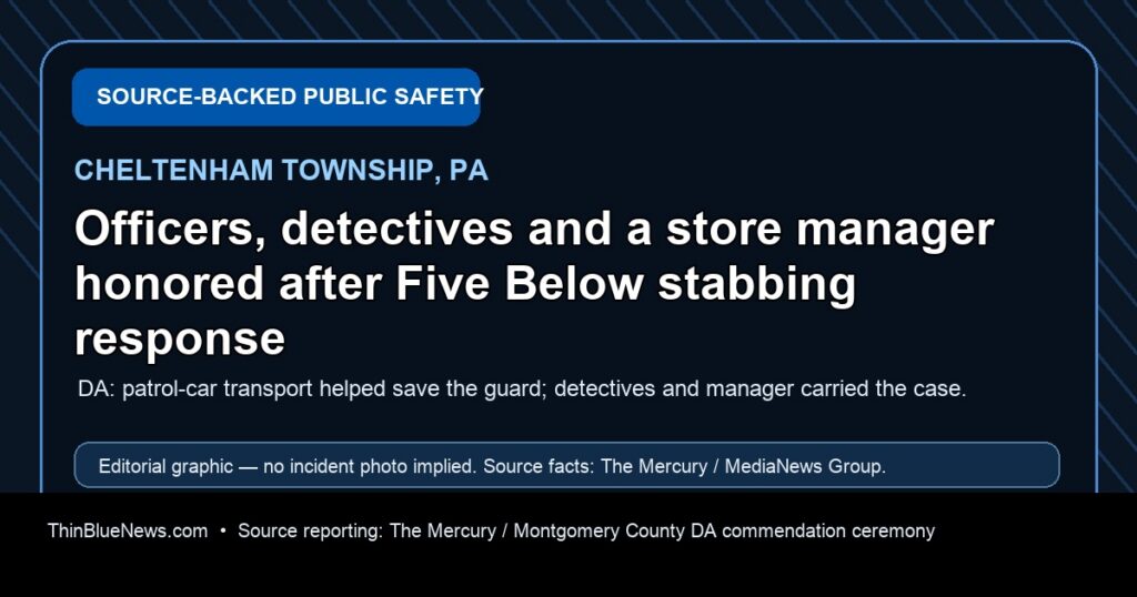 Final ThinBlueNews editorial news card for the Cheltenham Five Below stabbing commendations; no incident photo implied.