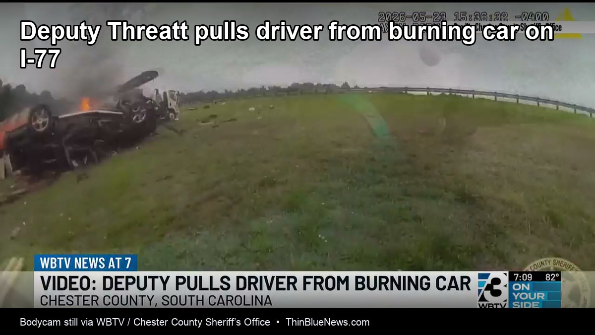 Bodycam still of overturned burning car on I-77 during Deputy Threatt rescue, via WBTV and Chester County Sheriff’s Office