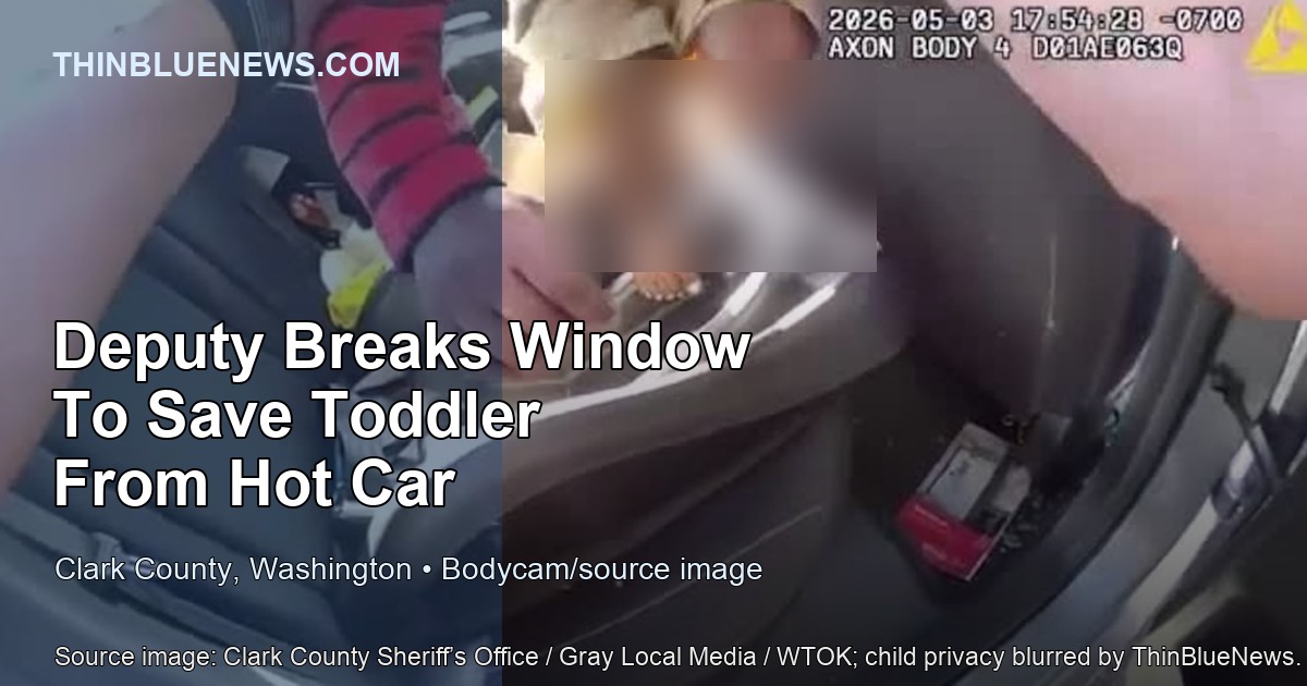 Clark County Sheriff’s Office body-camera source image, distributed by Gray Local Media/WTOK, from Deputy Hulsey’s hot-car rescue of a toddler in Vancouver, Washington; ThinBlueNews added headline labeling and blurred the child for privacy.