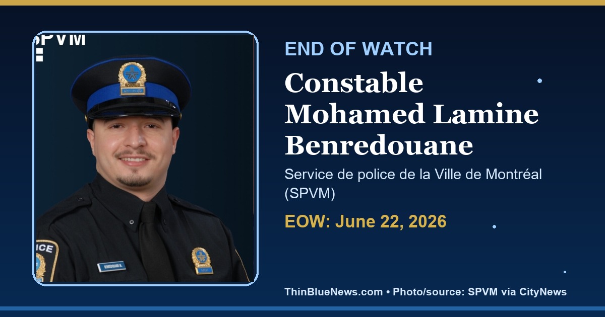 ThinBlueNews End of Watch memorial image for Constable Mohamed Lamine Benredouane of the Service de police de la Ville de Montréal, using a public SPVM source portrait/graphic embedded by CityNews with attribution