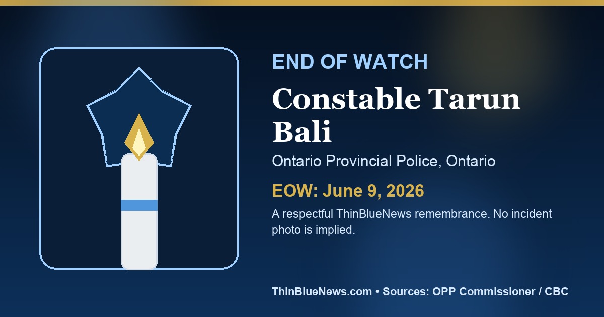 Tasteful ThinBlueNews generic End of Watch memorial card for Constable Tarun Bali of the Ontario Provincial Police; no incident photo implied