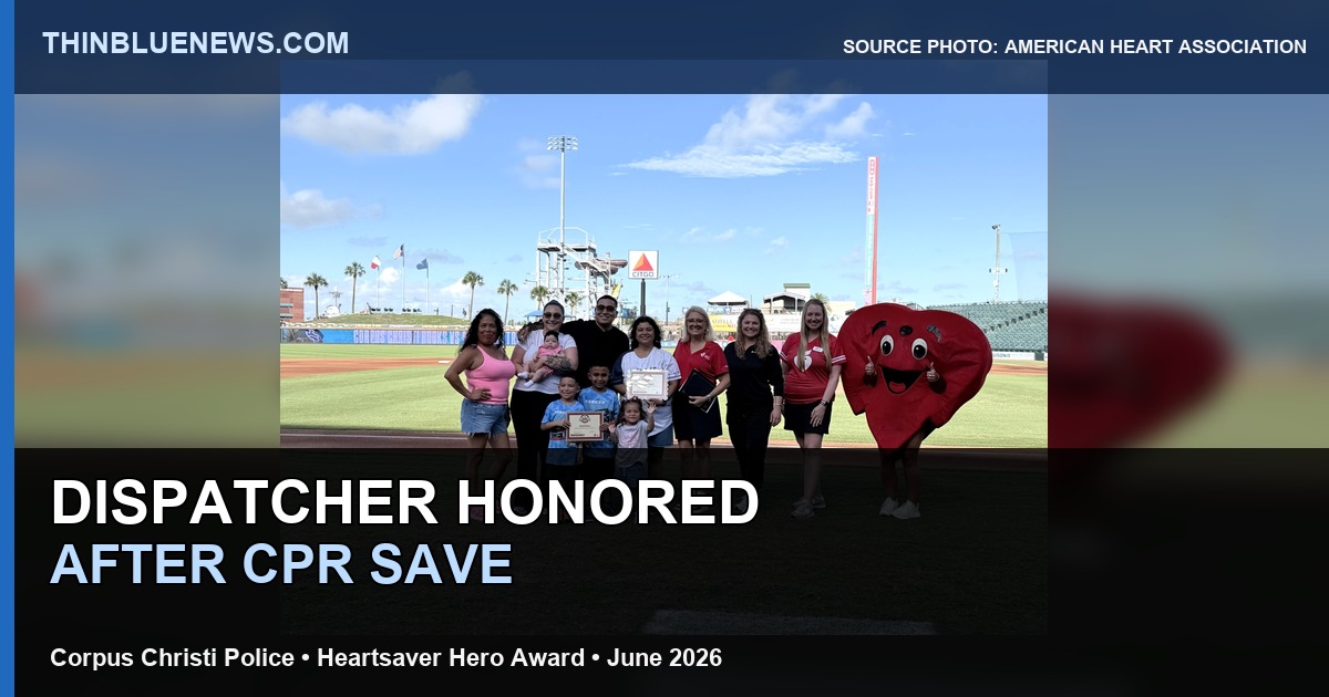 American Heart Association source photo showing Heartsaver Hero Award recognition for Ernest Flores and Corpus Christi Police dispatcher Linda Campbell, with ThinBlueNews headline/source labeling added.