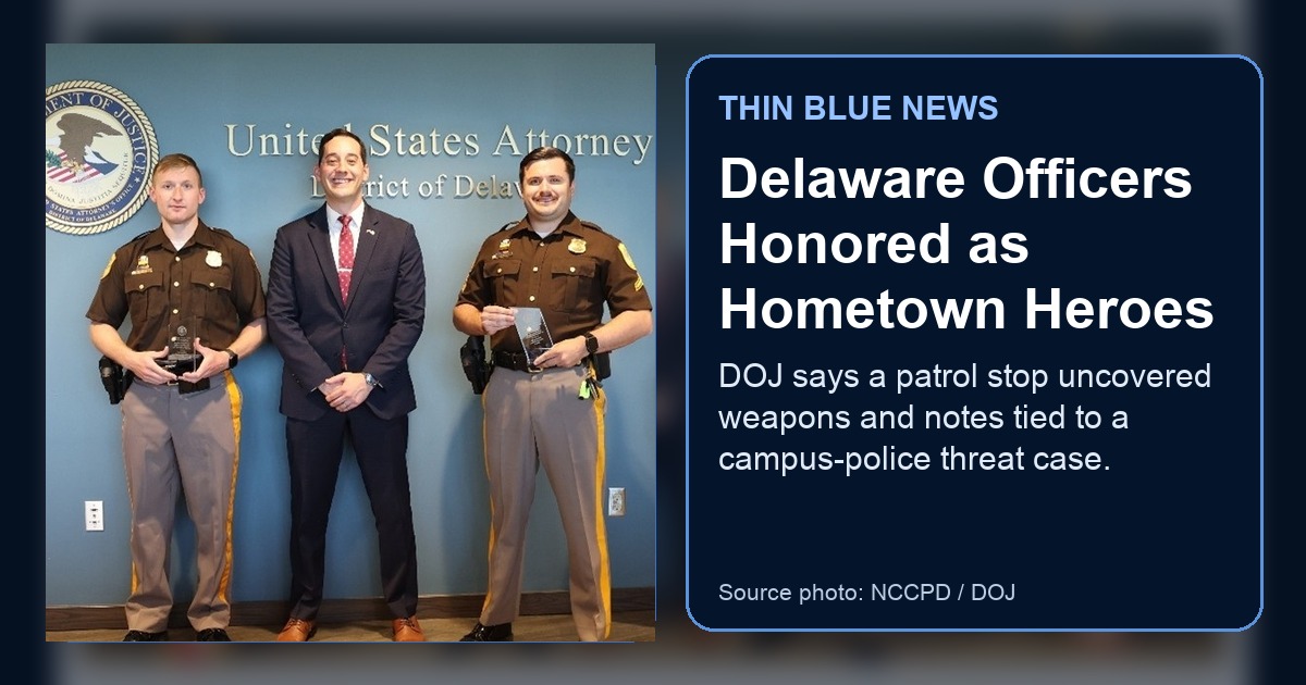 Official New Castle County Police Department/DOJ photo showing the Delaware Hometown Hero award presentation for NCCPD Officers First Class Christopher Hewlett, Nathan Jupiter and Jay Scerbo, with ThinBlueNews headline and source labeling added.