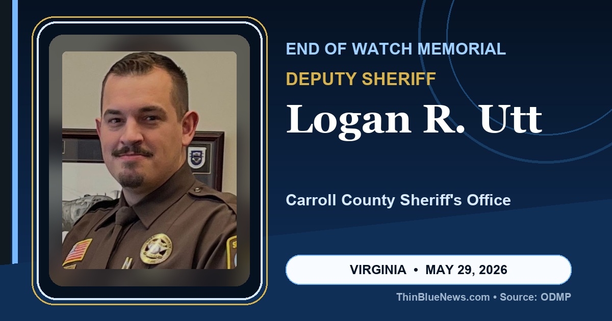 Portrait-focused ThinBlueNews End of Watch memorial image for Deputy Sheriff Logan R. Utt of the Carroll County Sheriff's Office in Virginia, using ODMP source photo with attribution