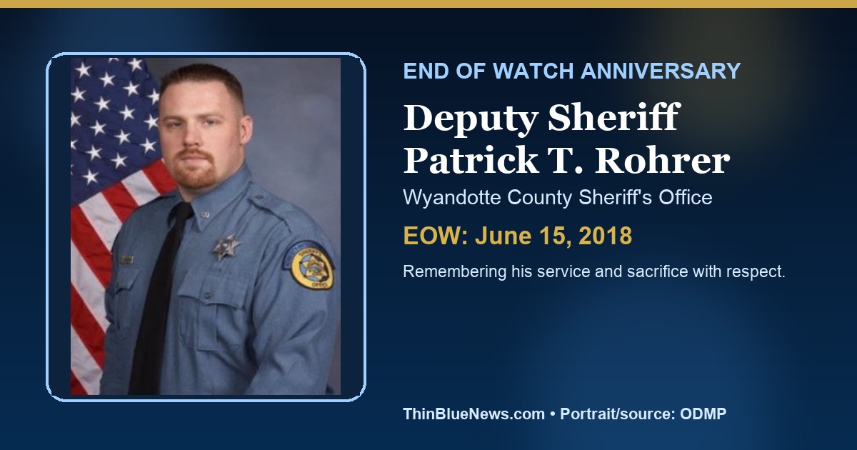 ThinBlueNews End of Watch anniversary memorial image for Deputy Sheriff Patrick T. Rohrer of the Wyandotte County Sheriff's Office, using ODMP source portrait with attribution