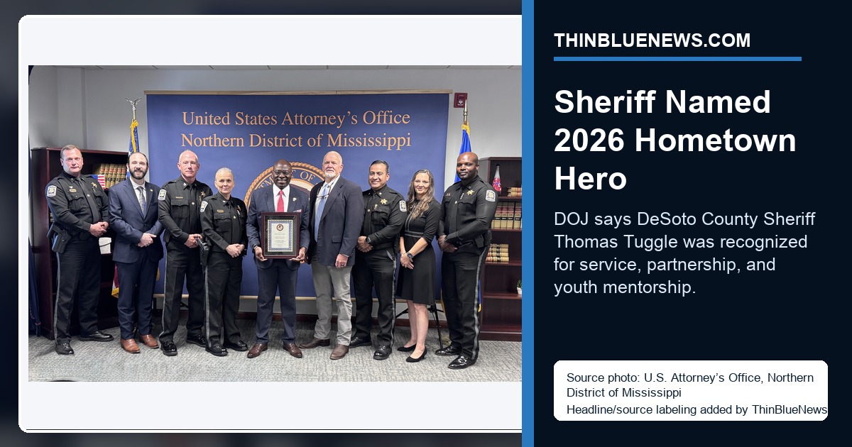 Official U.S. Attorney’s Office for the Northern District of Mississippi photo showing DeSoto County Sheriff Thomas Tuggle, members of his department and U.S. Attorney Scott Leary with the Hometown Hero Award; ThinBlueNews added headline and source labeling.