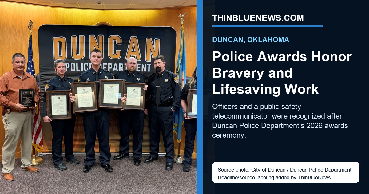 City of Duncan official photo showing Duncan Police Department staff receiving awards; ThinBlueNews added headline and source labeling.