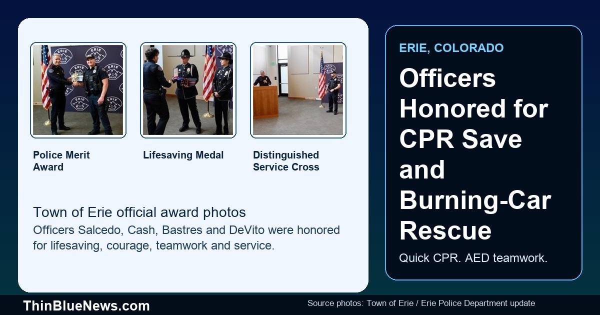 Town of Erie official award photos showing Erie Police Department officers being recognized; ThinBlueNews created a labeled collage and headline overlay.
