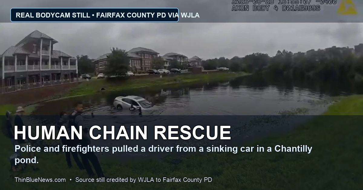 Fairfax County Police body-camera source still, published by WJLA, showing first responders at a Chantilly pond where a human chain helped rescue a driver from a sinking car; ThinBlueNews added headline and source labeling.