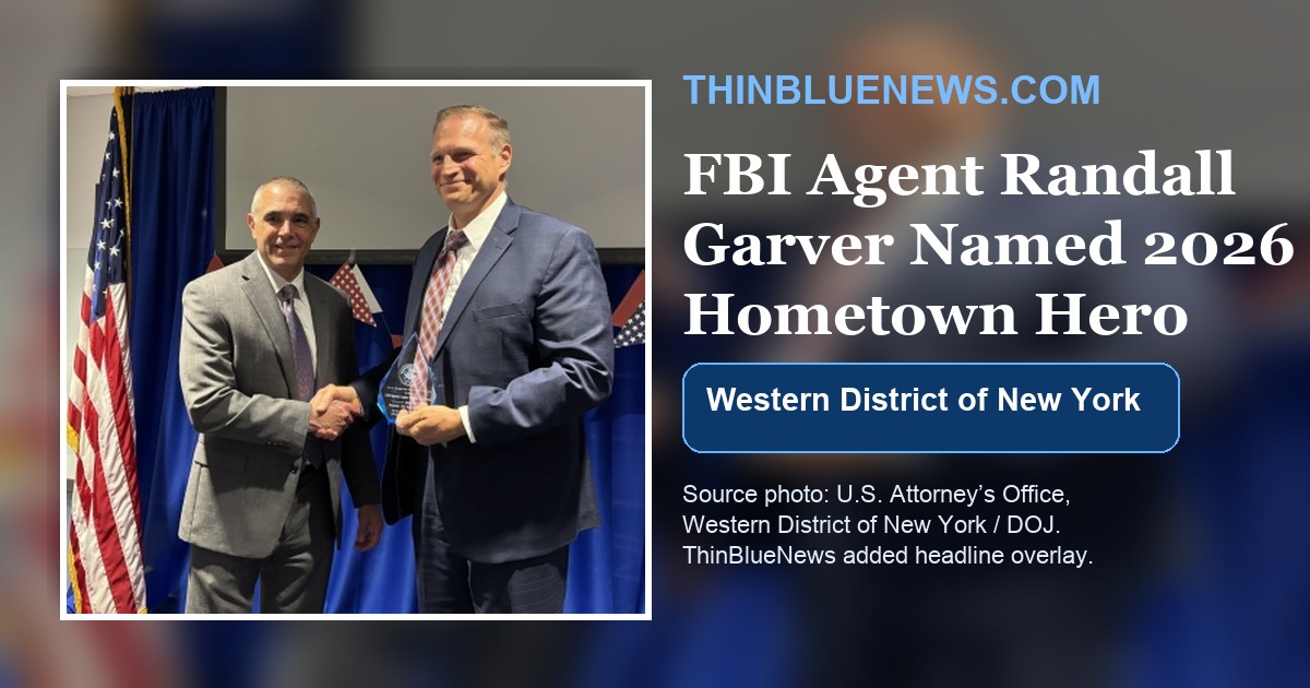 U.S. Attorney Michael DiGiacomo presents the Hometown Hero award to FBI Special Agent Randall Garver, with ThinBlueNews headline overlay
