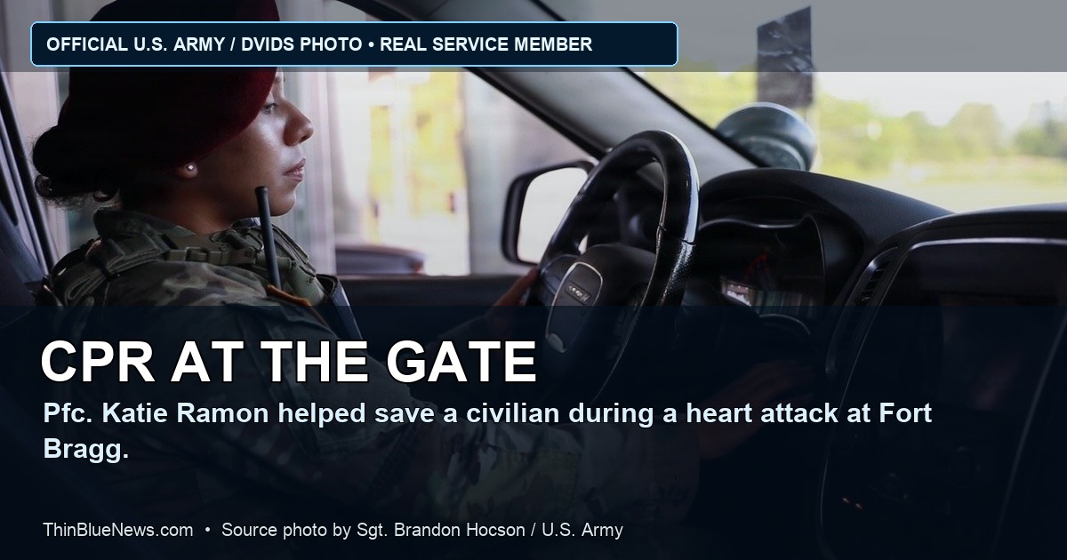 Official U.S. Army/DVIDS photo of Pfc. Katie Ramon, a 16th Military Police Brigade military police Soldier at Fort Bragg, with ThinBlueNews headline and source labeling added.