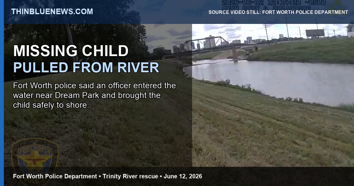 Fort Worth Police Department video still from the June 12, 2026 Dream Park missing-child water rescue, with ThinBlueNews headline and source labeling added.