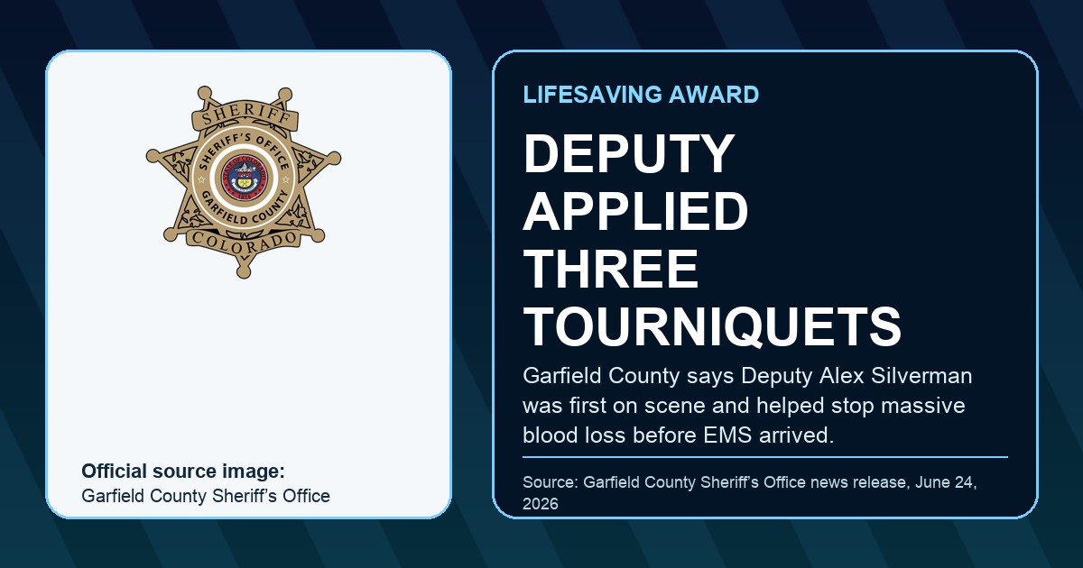 Garfield County Sheriff’s Office official logo used with a ThinBlueNews headline overlay for a source-backed article about Deputy Alex Silverman receiving a Lifesaving Award; no crash or patient photo is implied.
