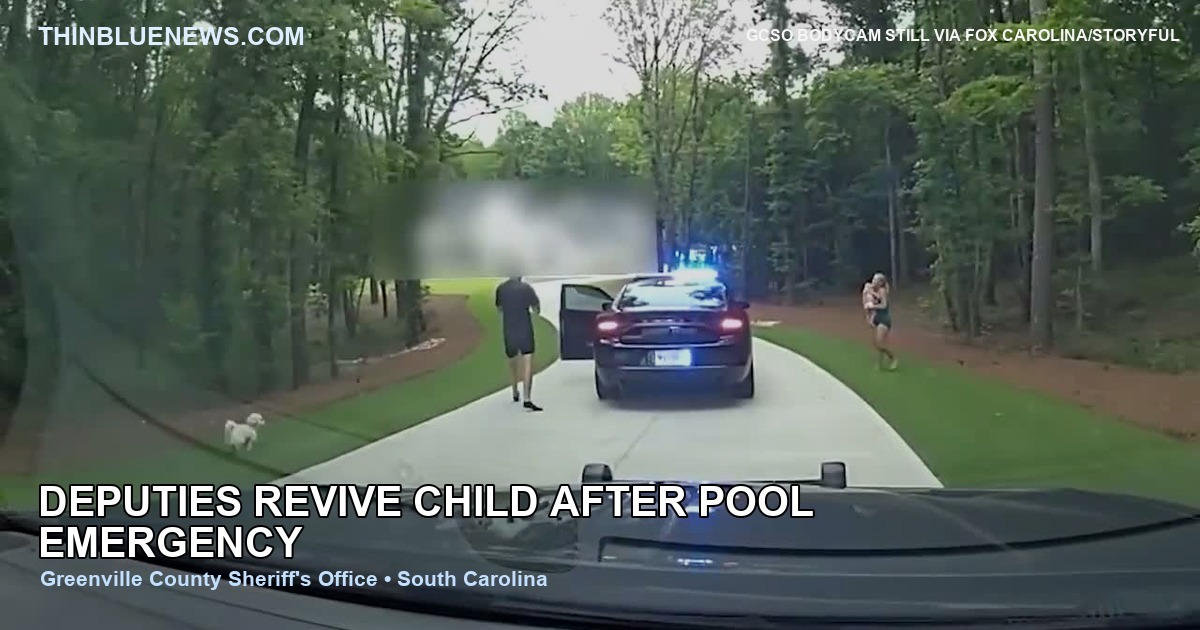 Greenville County Sheriff's Office body-camera video still showing deputies arriving near a patrol vehicle during a pool emergency response; ThinBlueNews added headline and source labeling.