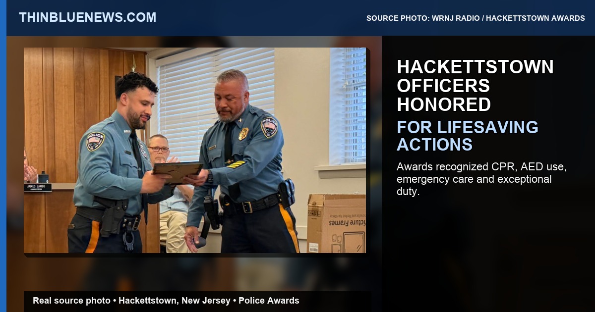 WRNJ source photo showing Hackettstown Detective Juan Ocampo and Chief Aaron Perkins during police awards coverage, with ThinBlueNews headline labeling added.