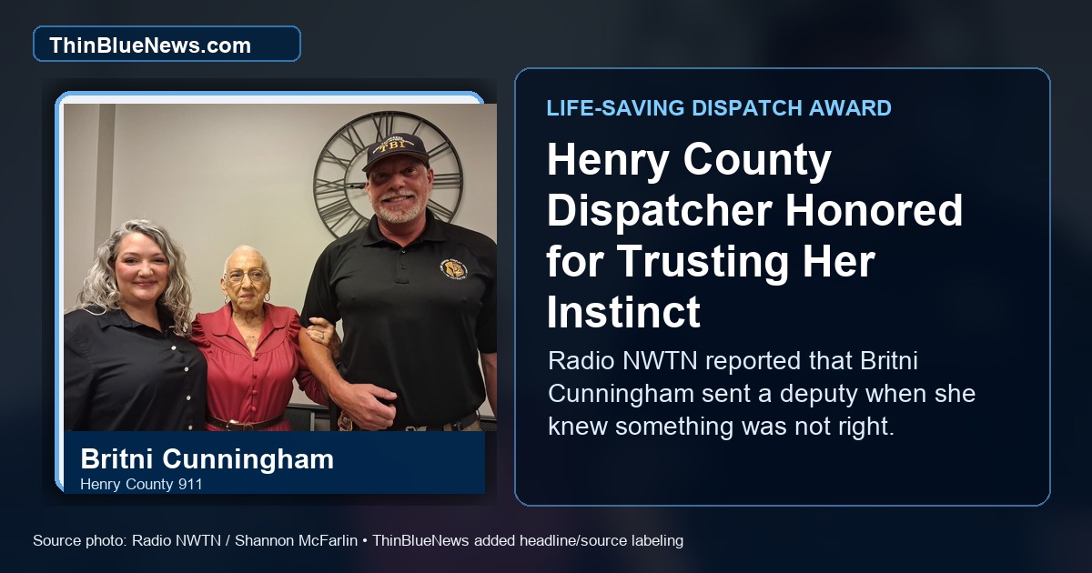 Radio NWTN source photo by Shannon McFarlin showing Britni Cunningham with Diane Shankle and Kenny Rhodes after Cunningham received the George “Mike” Shankle Life-Saving Award; ThinBlueNews added headline and source labeling.