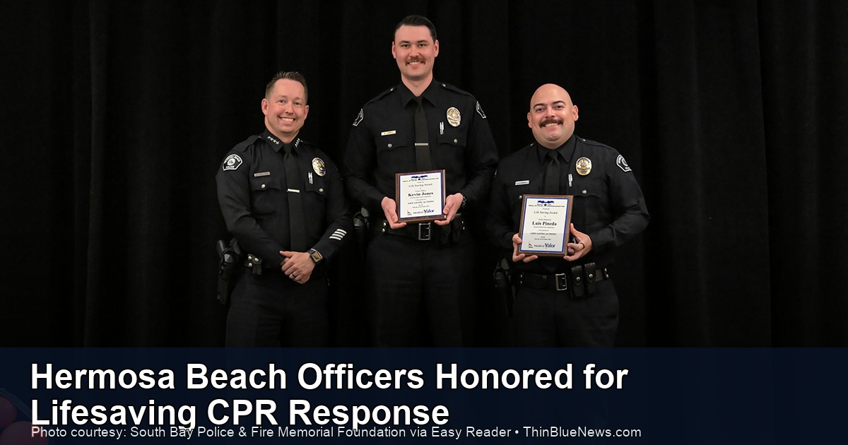 Hermosa Beach Chief Landon Phillips stands with Officer Kevin Jones and Detective Luis Pineda at the South Bay Medal of Valor Awards, where Jones and Pineda received Life Saving Awards.