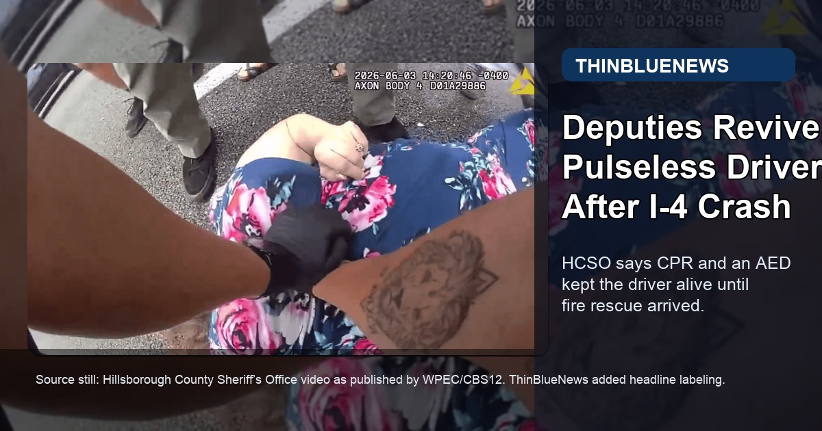 Hillsborough County Sheriff’s Office video still via WPEC/CBS12 showing deputies reviving a driver after an I-4 crash, with ThinBlueNews headline overlay